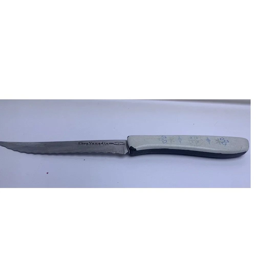 Vintage Ekco Vanadium Stainless USA Serrated Steak Knife White Patterned‎ Handle